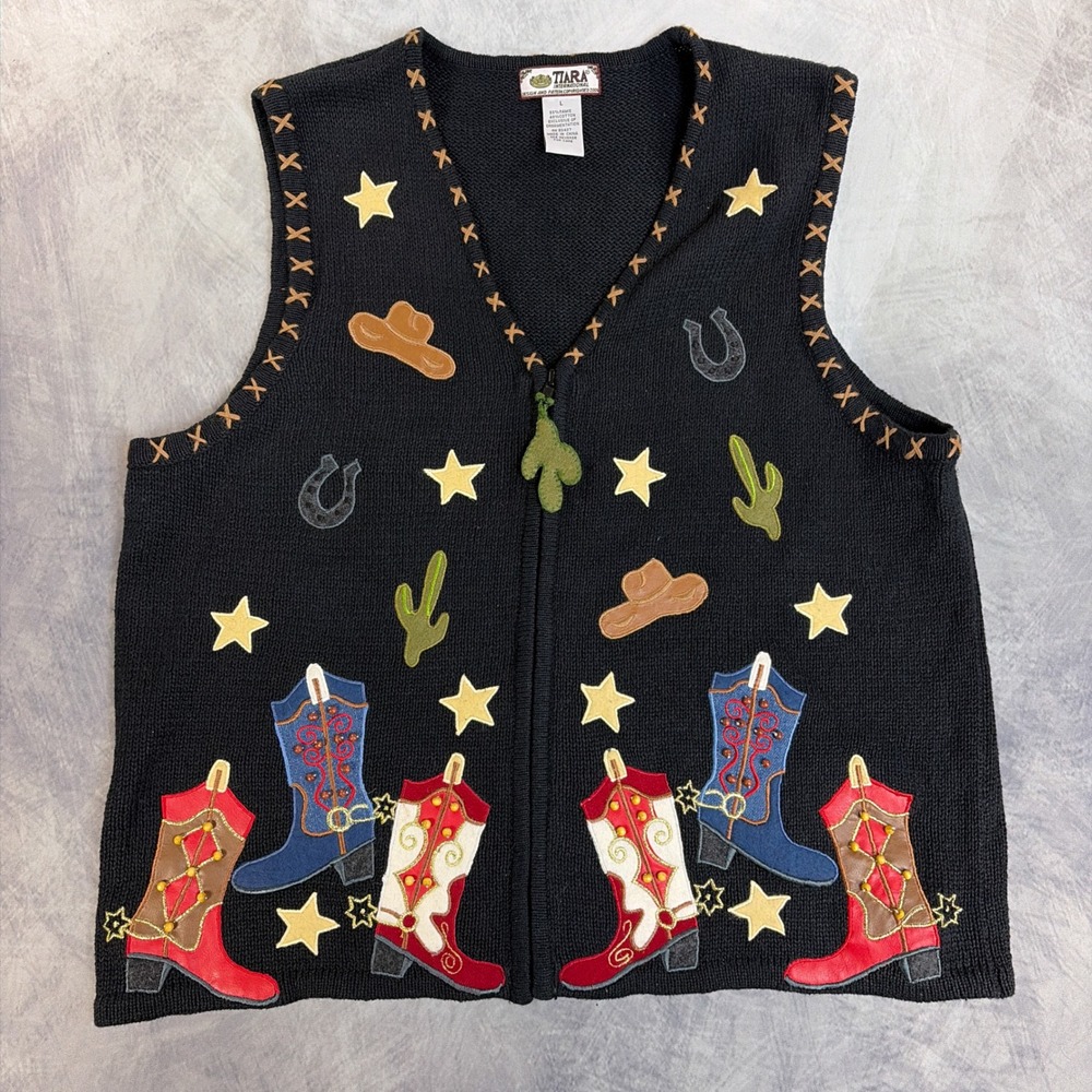 Vintage Tiara International Sweater Vest Women L Black Cowboy Boots Western Zip